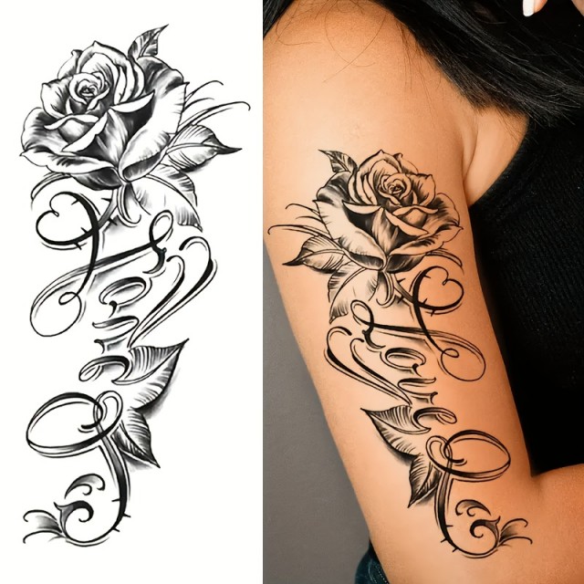 Začasna tattoo nalepka - tetovaža z rožo in napisom LOVE