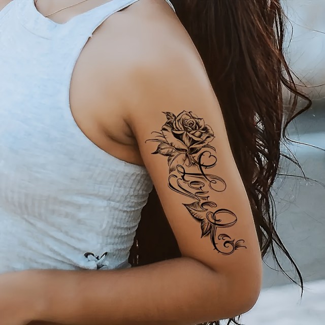 Začasna tattoo nalepka - tetovaža z rožo in napisom LOVE
