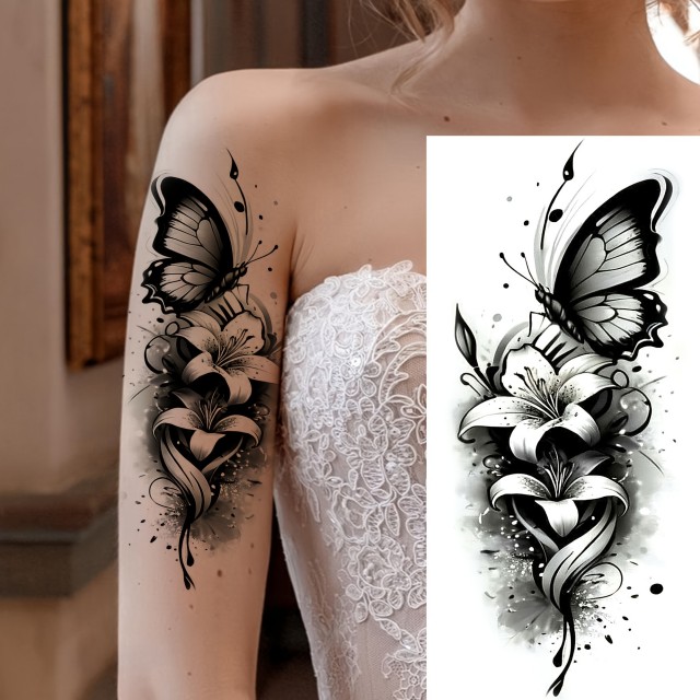 Začasna tattoo nalepka s črnim metuljem in lilijami