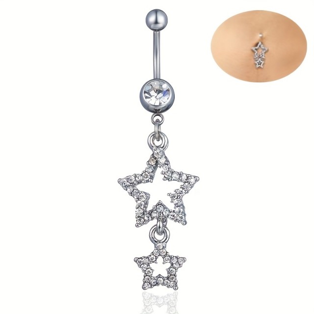 Eleganten piercing za popek z dvema sijočima zvezdicama